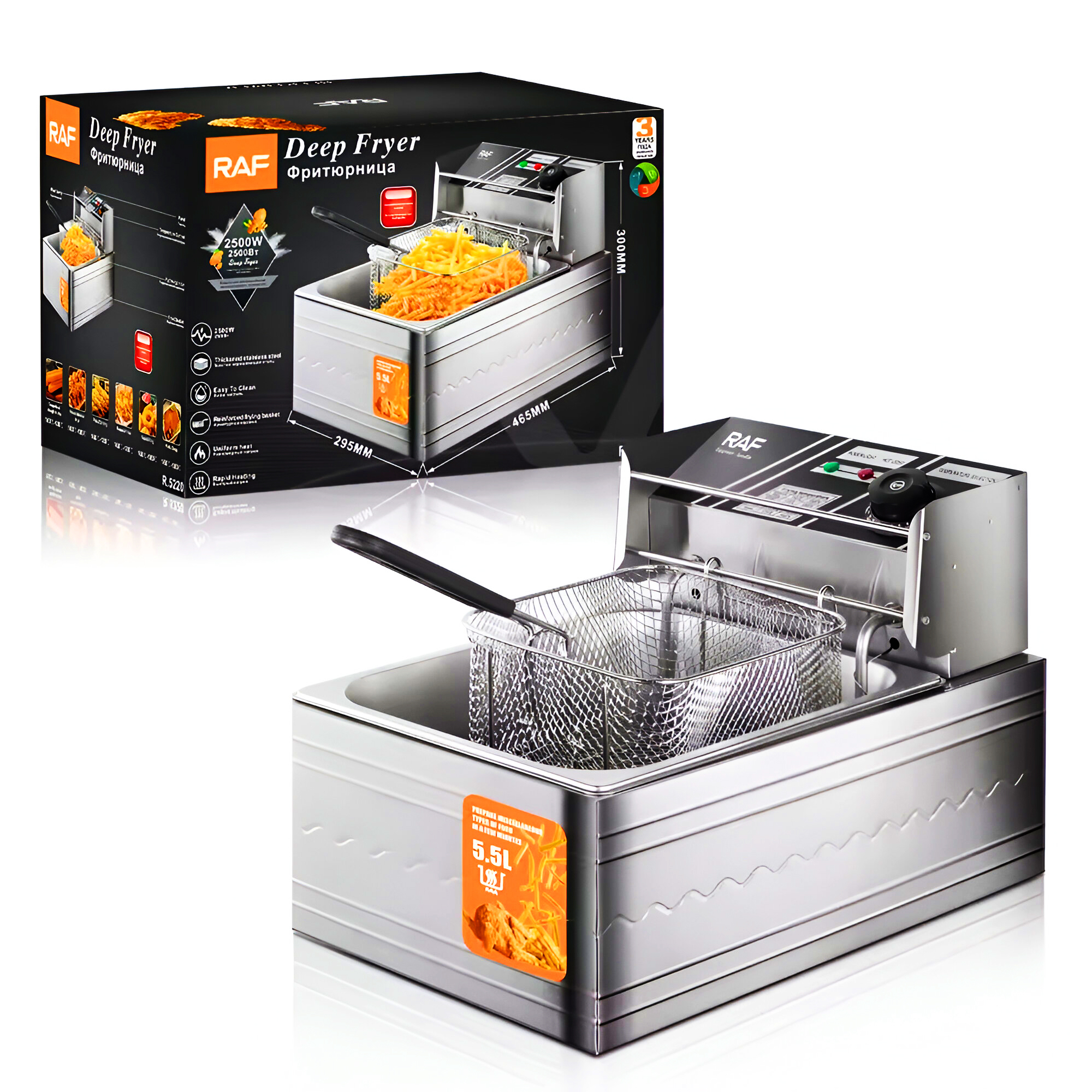 Freidora Electrica 5.5L 2500W de Acero Inoxidable y Cesta para Freir R-5220 RAF