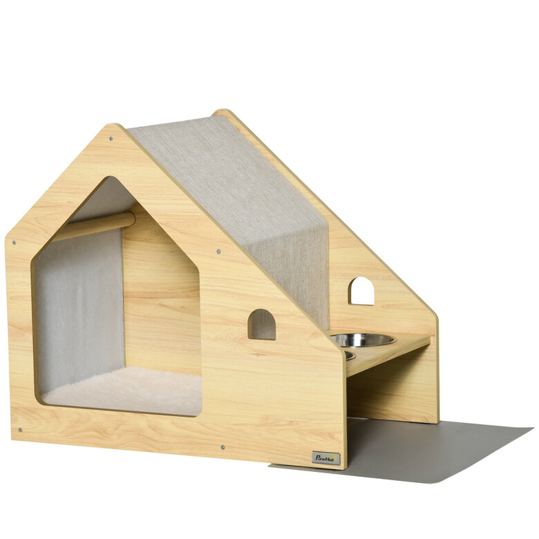 PawHut Caseta de madera de interior con comederos para perros